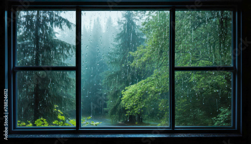 view from the window to the rainy forest  rainy day  beautiful view  back