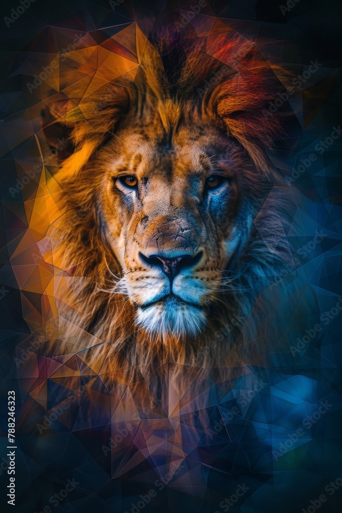 A lion is shown in a geometric pattern with blue and green colors, AI