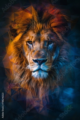 A lion is shown in a geometric pattern with blue and green colors  AI