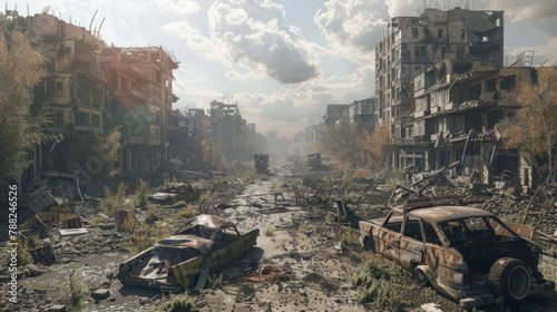 A 3D rendering of a postapocalyptic ruined city, featuring destroyed buildings, burntout vehicles, and ruined roads. photo