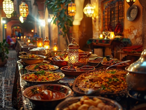 Couscous feast in a Moroccan medina, lantern-lit, a journey through taste and time , 