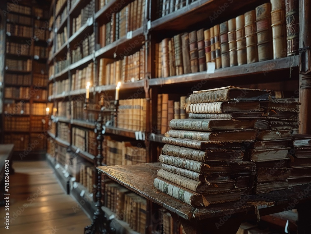 Obraz premium Philology library with ancient manuscripts, studying languages under candlelight, a quest for knowledge 