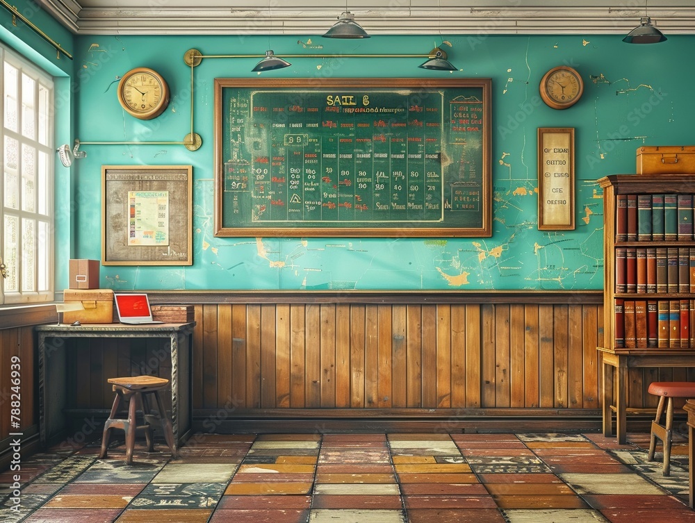 Retro verb conjugation chart, language learning in a classic classroom