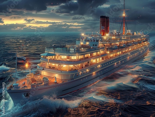 Retro luxury ocean liner voyage, elegance and opulence at sea, a journey across time  photo