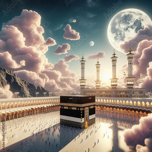 Eid Mubarak design with Kaaba and minarets for hajj with Arabic text means - Islamic background on the sky, clouds, and moon  photo