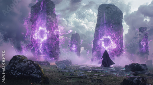 A dark sorcerer conjures The Arcane Plague amidst swirling purple mists at an ancient stone circle, unleashing malevolent magic upon the land. photo