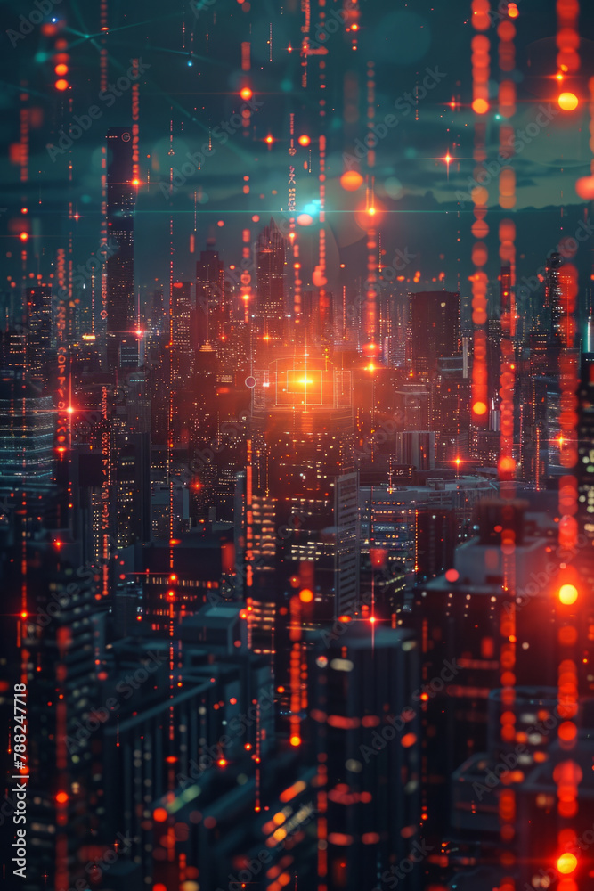 Innovative visualization of AI through glowing neural networks over a cityscape, symbolizing advanced technology and connectivity.