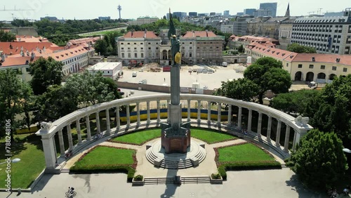 Aerial footage of Monument to Soviet soldiers, Red Army monument in Wien, Vienna, Austria city centre, point of interest. Sunny warm day, WW2 memorial, World War II obelisk photo