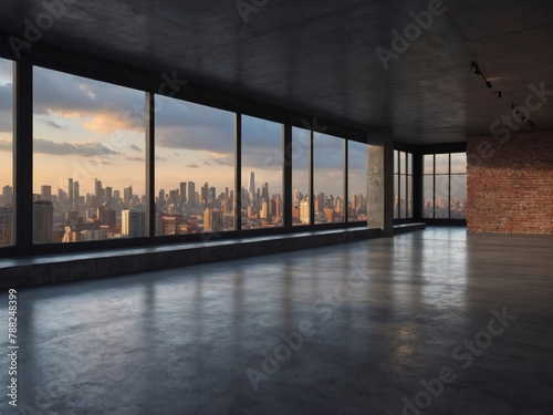 Loft space empty room with cityscape view D render, highlighting polished concrete floor and wall.