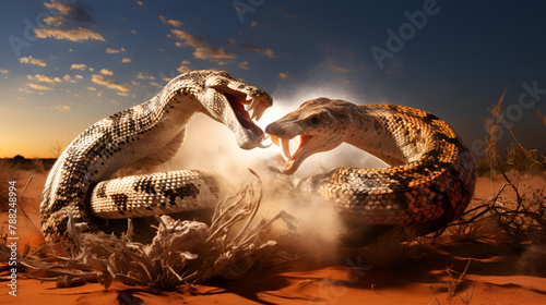 Close up yellow snakes is open mouth for ready to fighting and self defense on the sunny background  photo