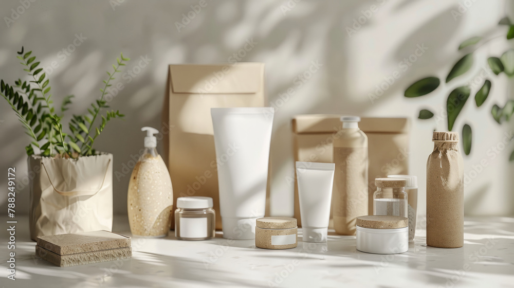 A mockup demonstrating a sustainable and environmentally friendly approach to product packaging, utilizing fully recyclable and compostable materials. A mockup demonstrating a sustainable and environmentally friendly approach to product packaging, utilizing fully recyclable and compostable materials.