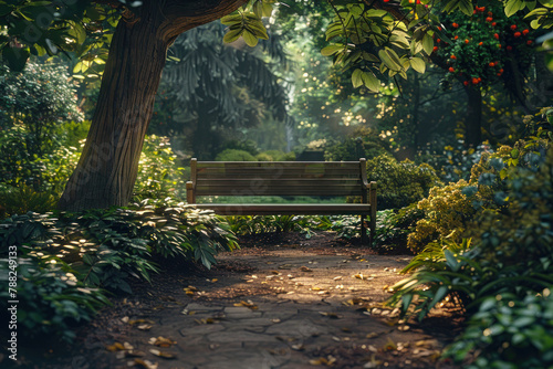 Secluded Park Bench in Lush Garden.