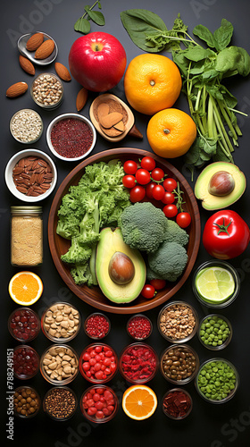 Vegetarian and Vegan Lifestyle: A diverse array of plant-based foods. Flat lay, top view.