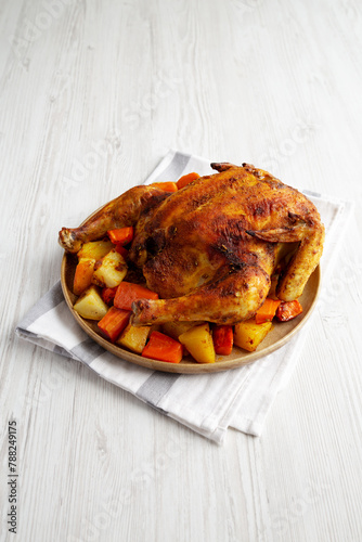 Homemade Hearty Roasted Chicken on a Plate, side view. Close-up. © Liudmyla