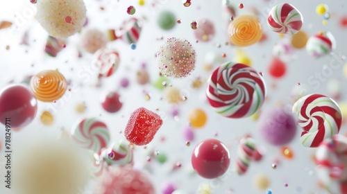 Different colorful flying candies, lollipops and drops on white background. Sweet food concept