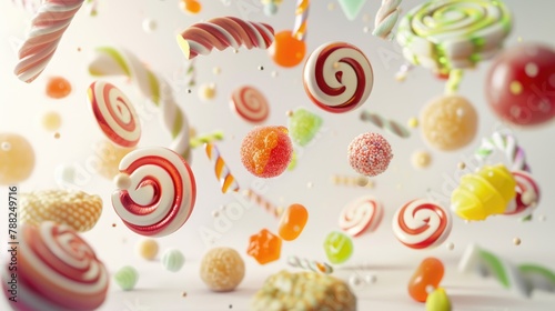 Different colorful flying candies, lollipops and drops on white background. Sweet food concept