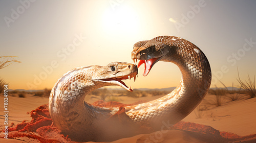 King cobra is biting a snake to eat in the sand with the sunny background concept of fight  photo