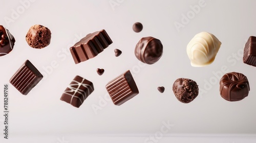 Assortment of chocolate candies and sweets flying in the air on white background. Truffles, creamy milk bonbons, sweet food concept banner
