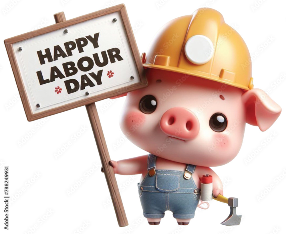 Pig wearing a safety hat holding a sign labour day Pig wearing a safety hat holding a sign labour day