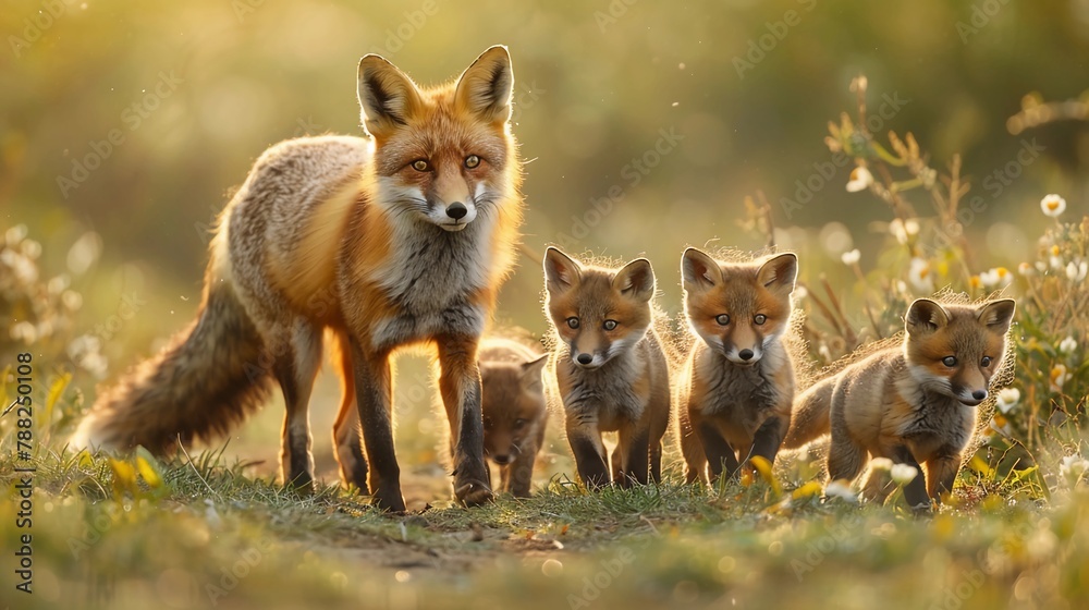 A fox mother demonstrating hunting skills to her playful cubs in a lush meadow, a dynamic scene capturing her guidance. Maternal Care, Motherhood, Mothers Day. AI Generated