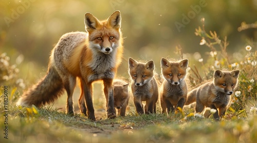A fox mother demonstrating hunting skills to her playful cubs in a lush meadow, a dynamic scene capturing her guidance. Maternal Care, Motherhood, Mothers Day. AI Generated