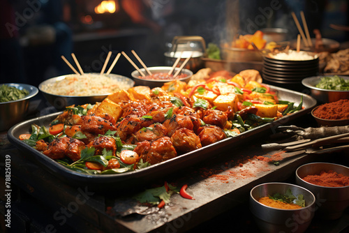 International Street Food: Culinary diversity from around the world. Meat dish with spices served on the metal tray.