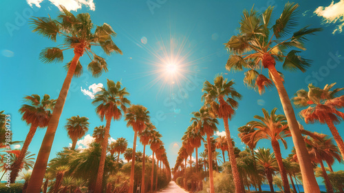 Sunlit palm tree avenue against a blue sky. Pathway lined with tropical palm trees basking in the vibrant sunlight photo