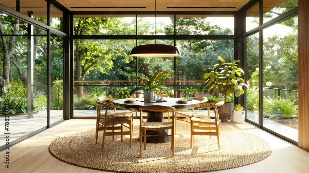 Modern living room with large windows, natural light, round wooden table surrounded by four chairs. The walls are decorated with sleek glass panels that frame the outdoor trees and plants. Modern living room with large windows, natural light, round wooden table surrounded by four chairs. The walls are decorated with sleek glass panels that frame the outdoor trees and plants.