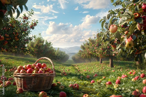 rustic apple orchard with a simple basket with apples on the grass. ai generated