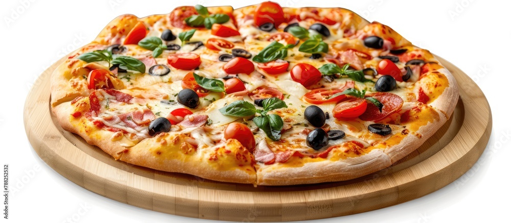 Tasty pizza presented on a wooden platter against a white background.