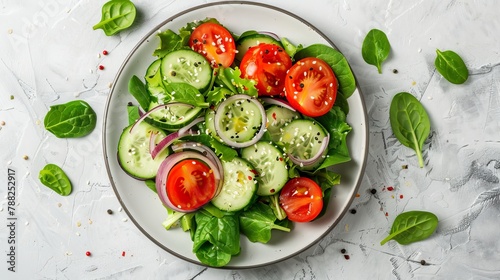 A salad made with plum tomatoes, cherry tomatoes, cucumbers, onions, and spinach served on a white plate. A delicious and nutritious dish featuring a variety of fresh plant based ingredients. Top view