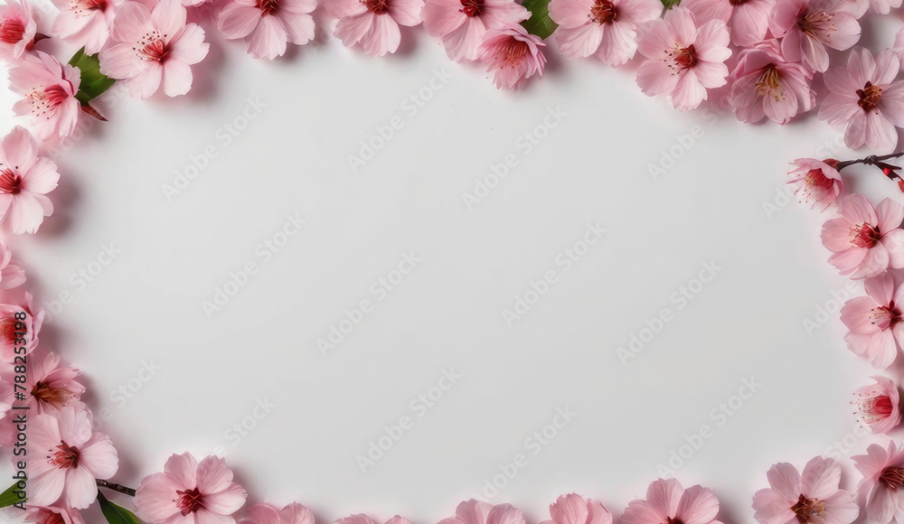 Banner with cherry flowers on light background. Flat lay, top view. Template for web, greeting card, wedding invitation, Mothers and Womans day. Floral composition with copy space. 