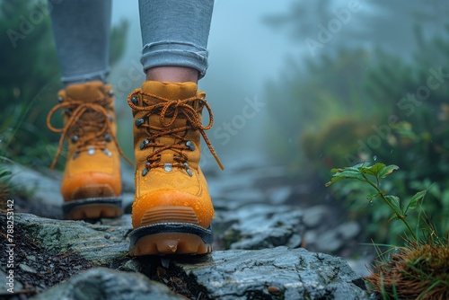 Radiant boots vibrant trails clear path minimal detail walking bottom text space photo