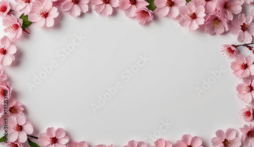 Banner with cherry flowers on light background. Flat lay, top view. Template for web, greeting card, wedding invitation, Mothers and Womans day. Floral composition with copy space.  © Tiana_Geo