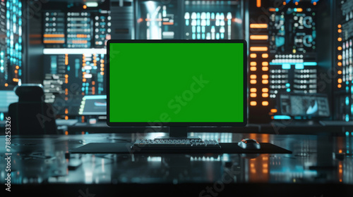 Green screen in an AI analysis room on computer screens in a large high-tech data center. The concept of web services, machine learning, cybersecurity 41