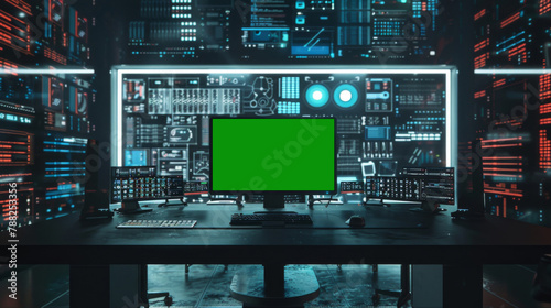 Green screen in an AI analysis room on computer screens in a large high-tech data center. The concept of web services, machine learning, cybersecurity 41 photo