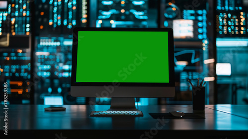 Green screen in an AI analysis room on computer screens in a large high-tech data center. The concept of web services, machine learning, cybersecurity 41