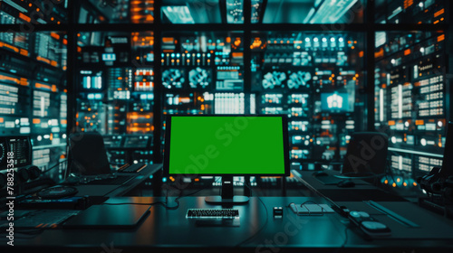 Green screen in an AI analysis room on computer screens in a large high-tech data center. The concept of web services, machine learning, cybersecurity 41