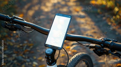 smart phone Showing white screen on bicycle. smartphone installed at bicycle handle bar for navigator. copy space for text.