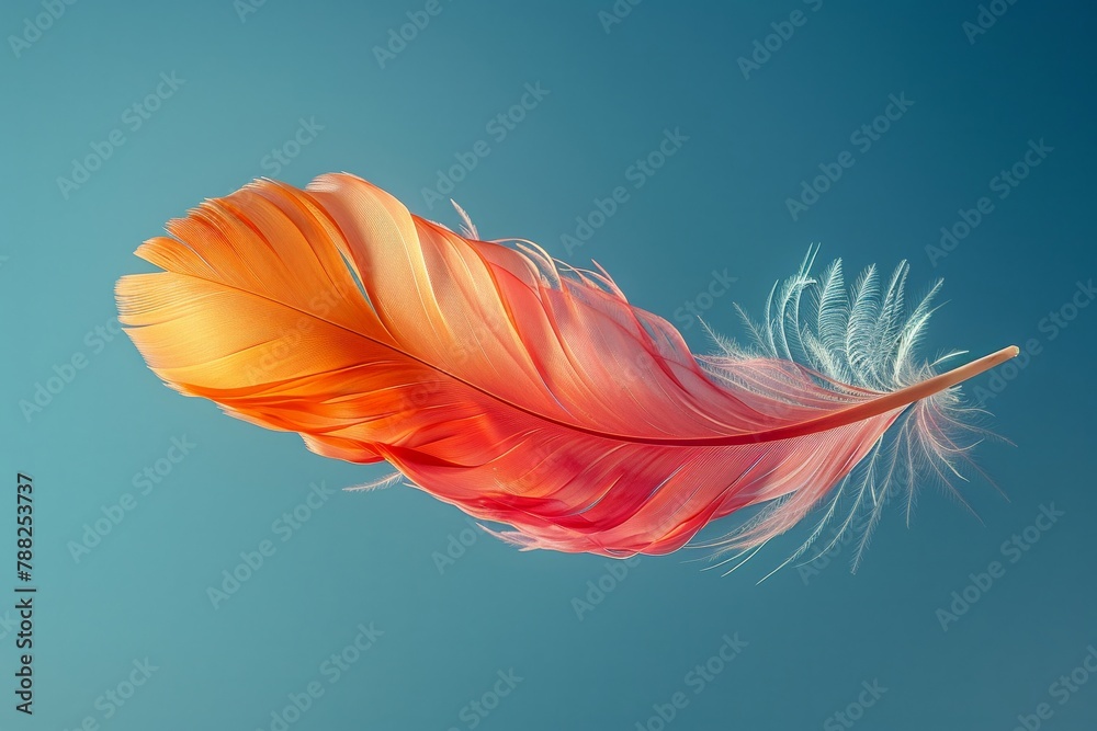 Floating feather vibrant colors simple clear sky low detail falling motion bottom text space Floating feather vibrant colors simple clear sky low detail falling motion bottom text space