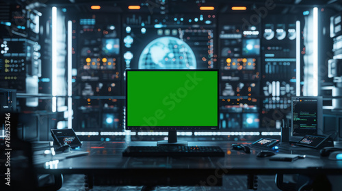 Green screen in an AI analysis room on computer screens in a large high-tech data center. The concept of web services  machine learning  cybersecurity 41