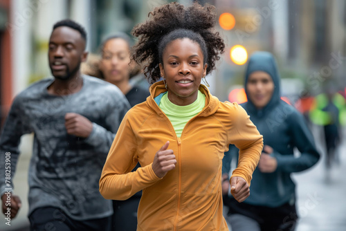 Diverse group of individuals running together in a city setting photo