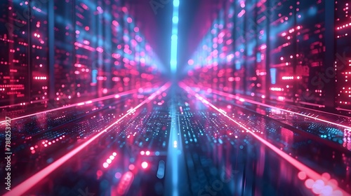 Futuristic Data Stream Neon Lights Tunnel. Concept Neon Lights, Futuristic, Data Stream, Tunnel, Technology