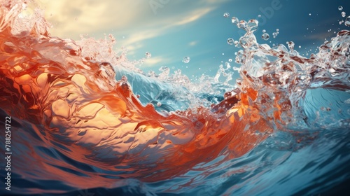 Blue ocean wave with water splashes at sunset. photo