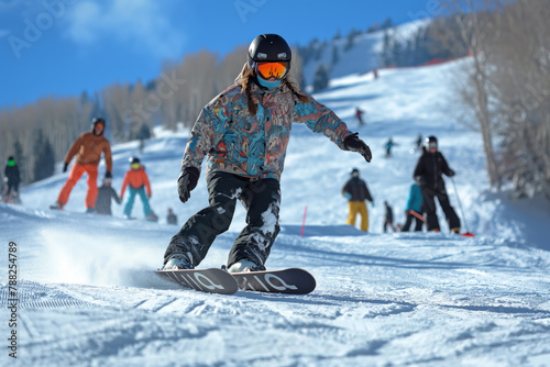 Dynamic snowboarding action on mountain slopes photo