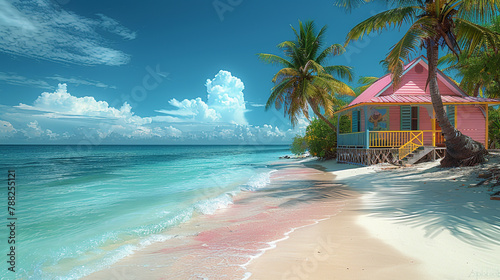 a tropical scene in the Bahamas, a colorful Bahama-style house, palm terrs on a beautiful beach, a clear blue ocean