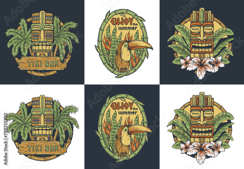 Hawaii wooden tiki mask collection. Traditional ethnic idol of hawaiian, maori or polynesian. Old tribal totem for tiki bar. Set of hawaiian tiki masks for summer themes with tropical design elements