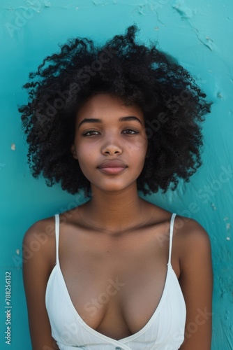 A woman with a big afro wearing white bra and panties, AI