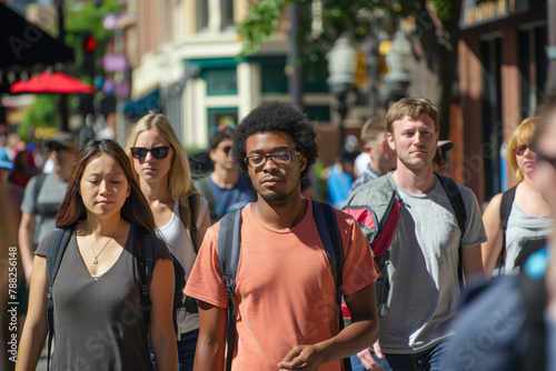 Diverse group of pedestrians in urban setting photo