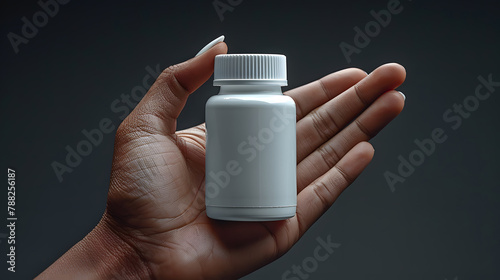 hand holding a blank white squeeze bottle plastic tube Packaging for a pill, capsule or supplement. Product branding mockup. High-quality photo
